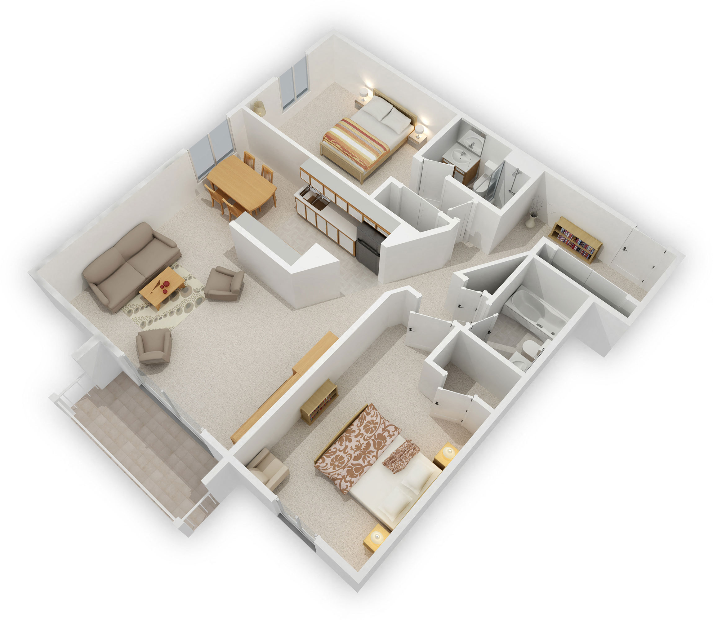 Floor plan for 2 beds, 2 baths, 1053 sqft